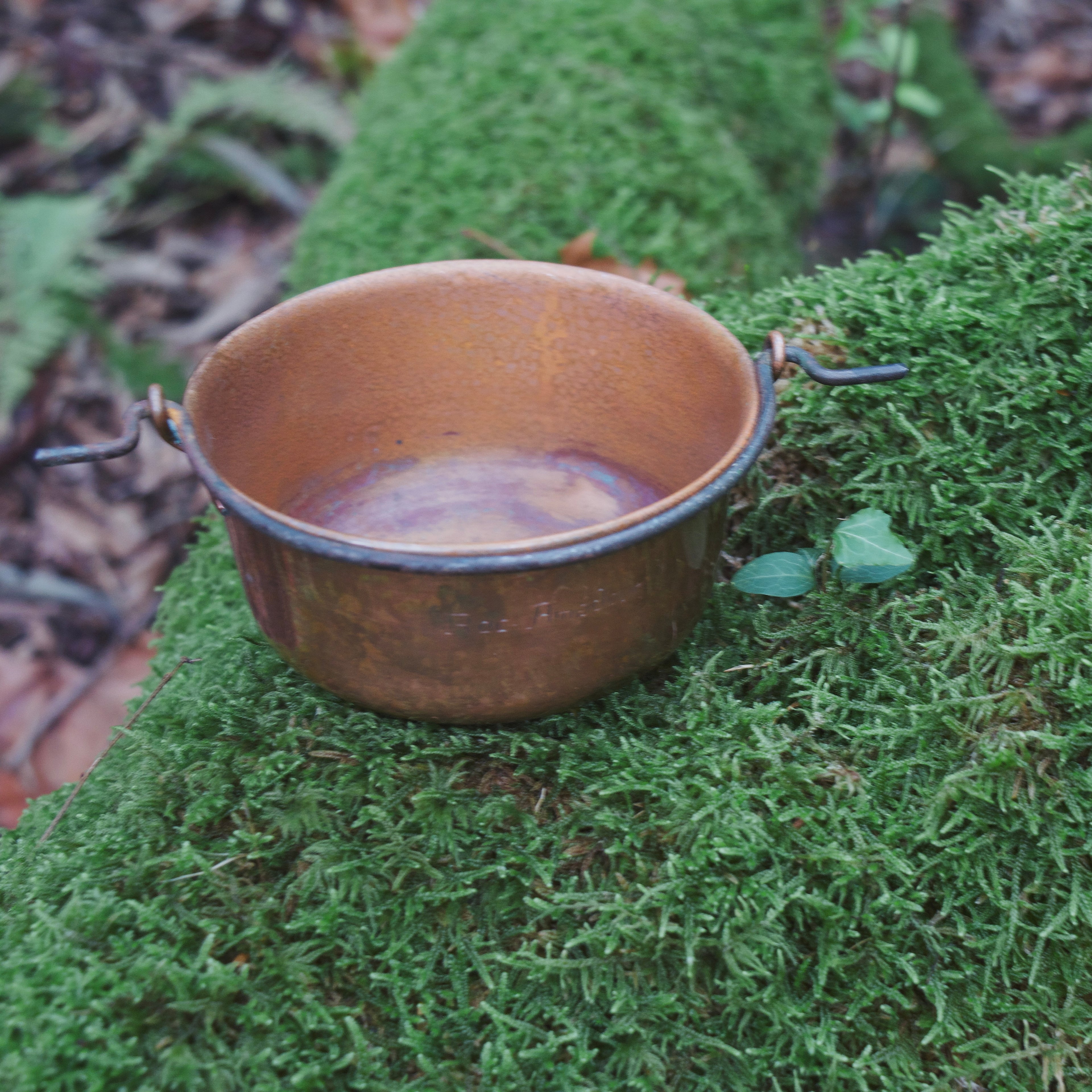 Petite French Copper Hanging Cauldron — Engraved “Roc Amadour,” Rounded Bottom, Iron Handle