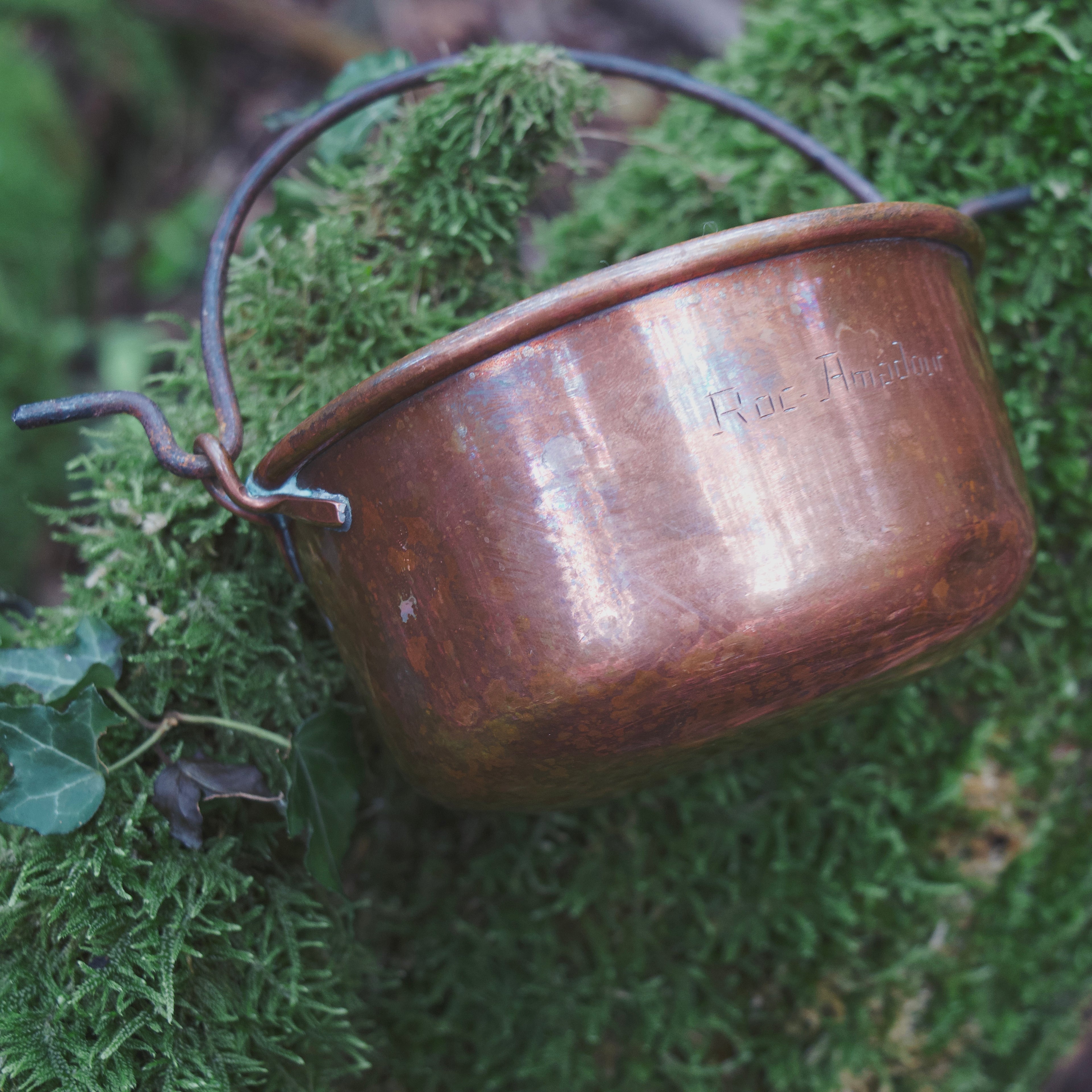 Petite French Copper Hanging Cauldron — Engraved “Roc Amadour,” Rounded Bottom, Iron Handle