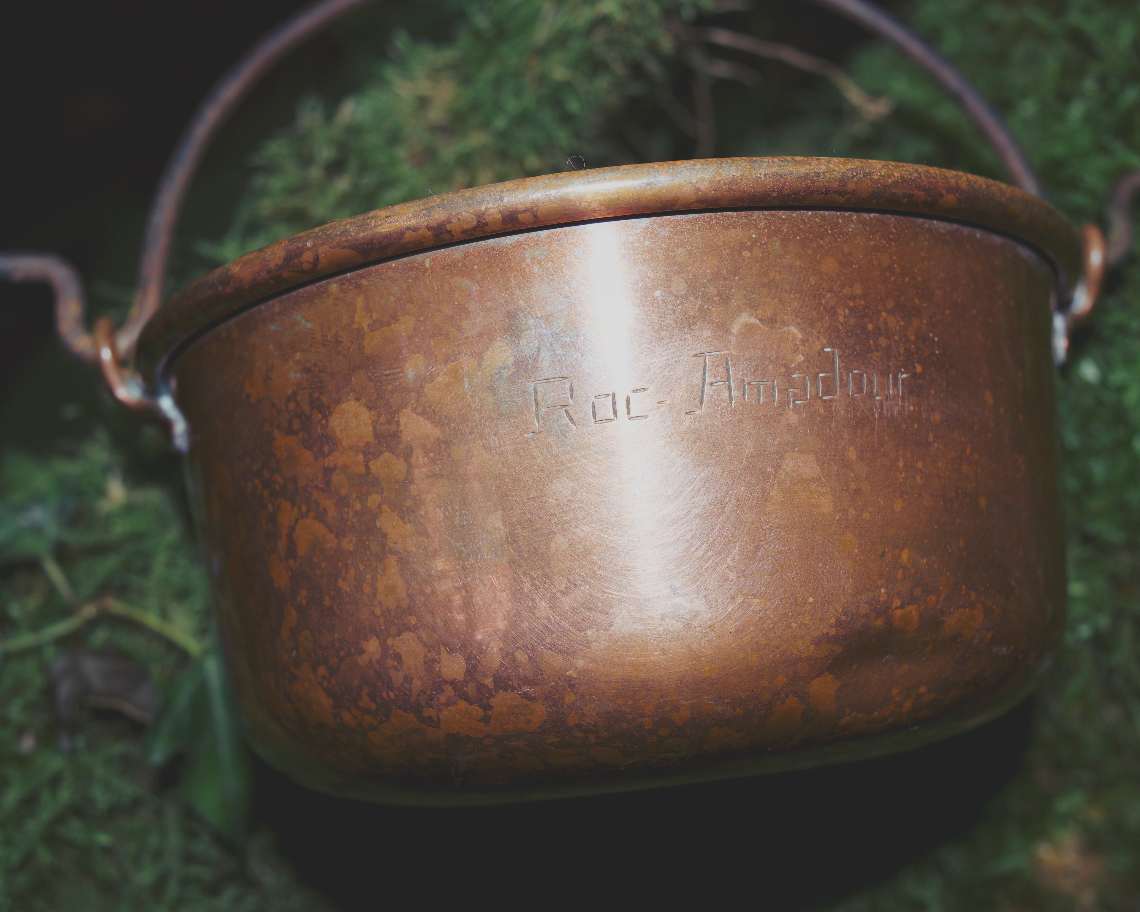 Petite French Copper Hanging Cauldron — Engraved “Roc Amadour,” Rounded Bottom, Iron Handle