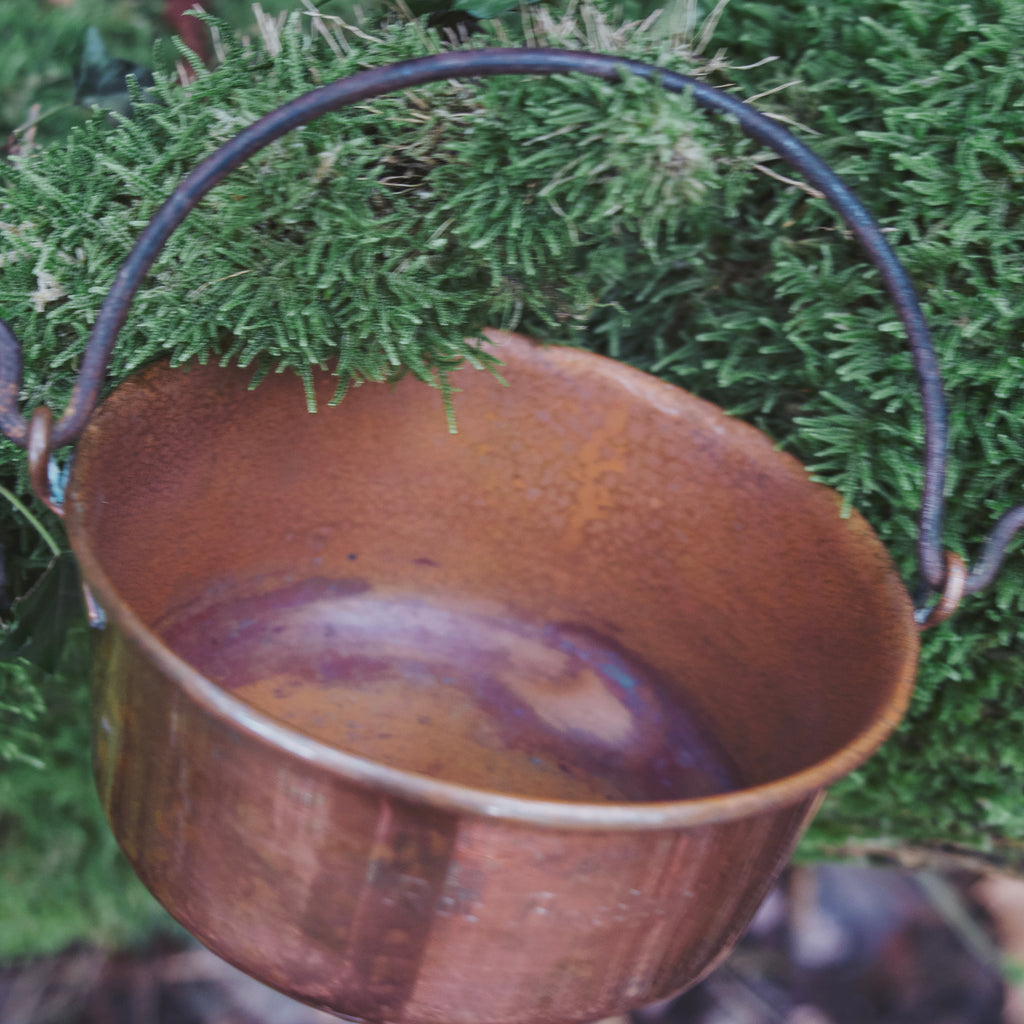 Scaled French Copper Hanging Cauldron — Engraved “Roc Amadour,” Rounded Bottom, Iron Handle