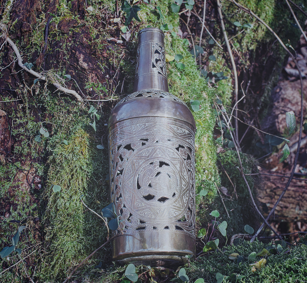 Moroccan Carved Bronze Bottle Reliquary – Twist-Open Ritual Vessel