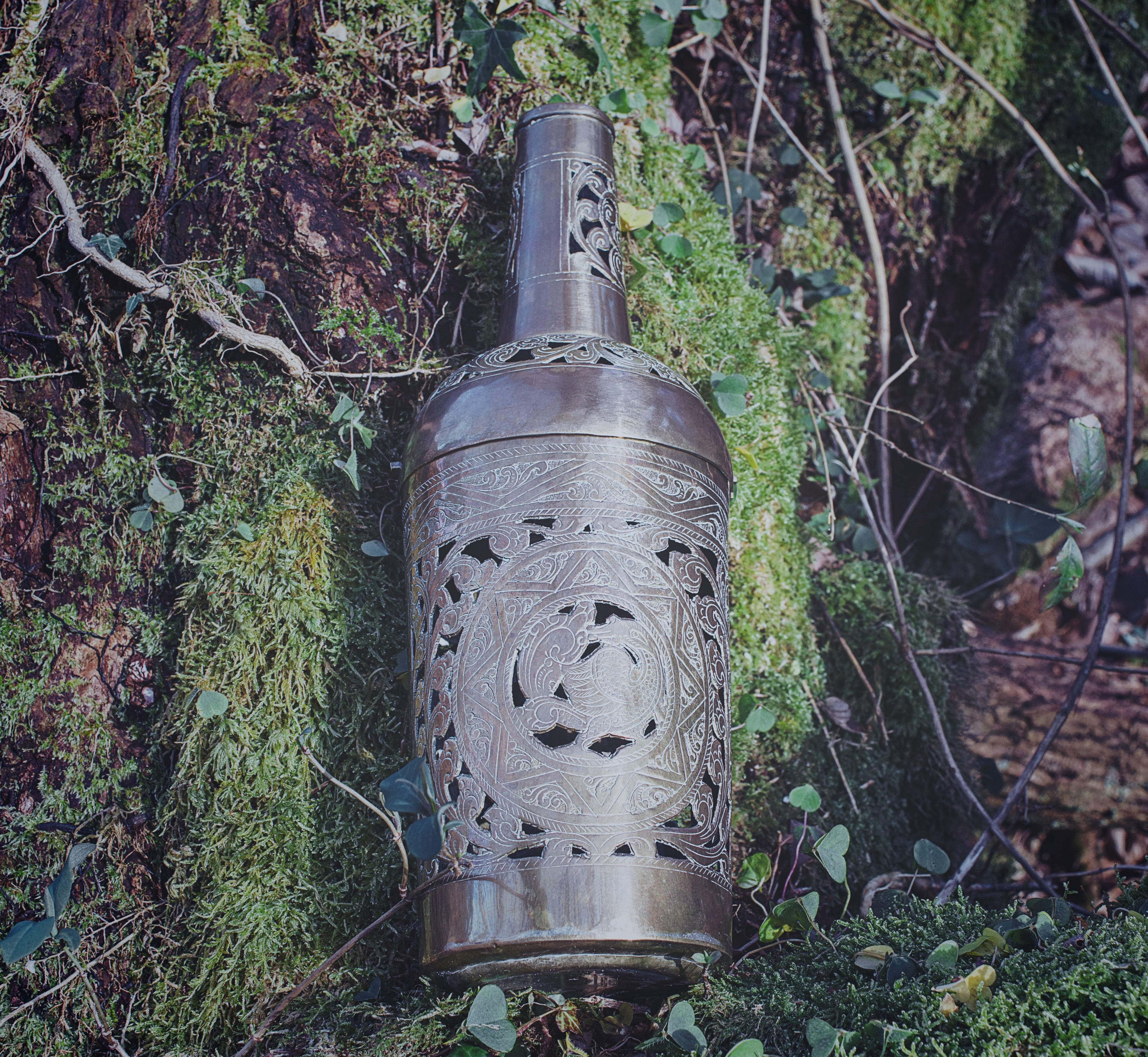 Moroccan Carved Bronze Bottle Reliquary – Twist-Open Ritual Vessel