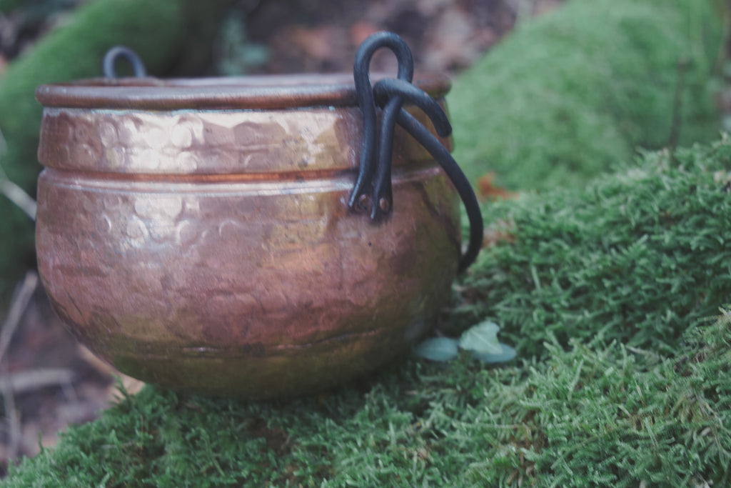 Antique-Style French Copper Hanging Cauldron — Mid-Sized, Hammered, Traditional Occult Vessel