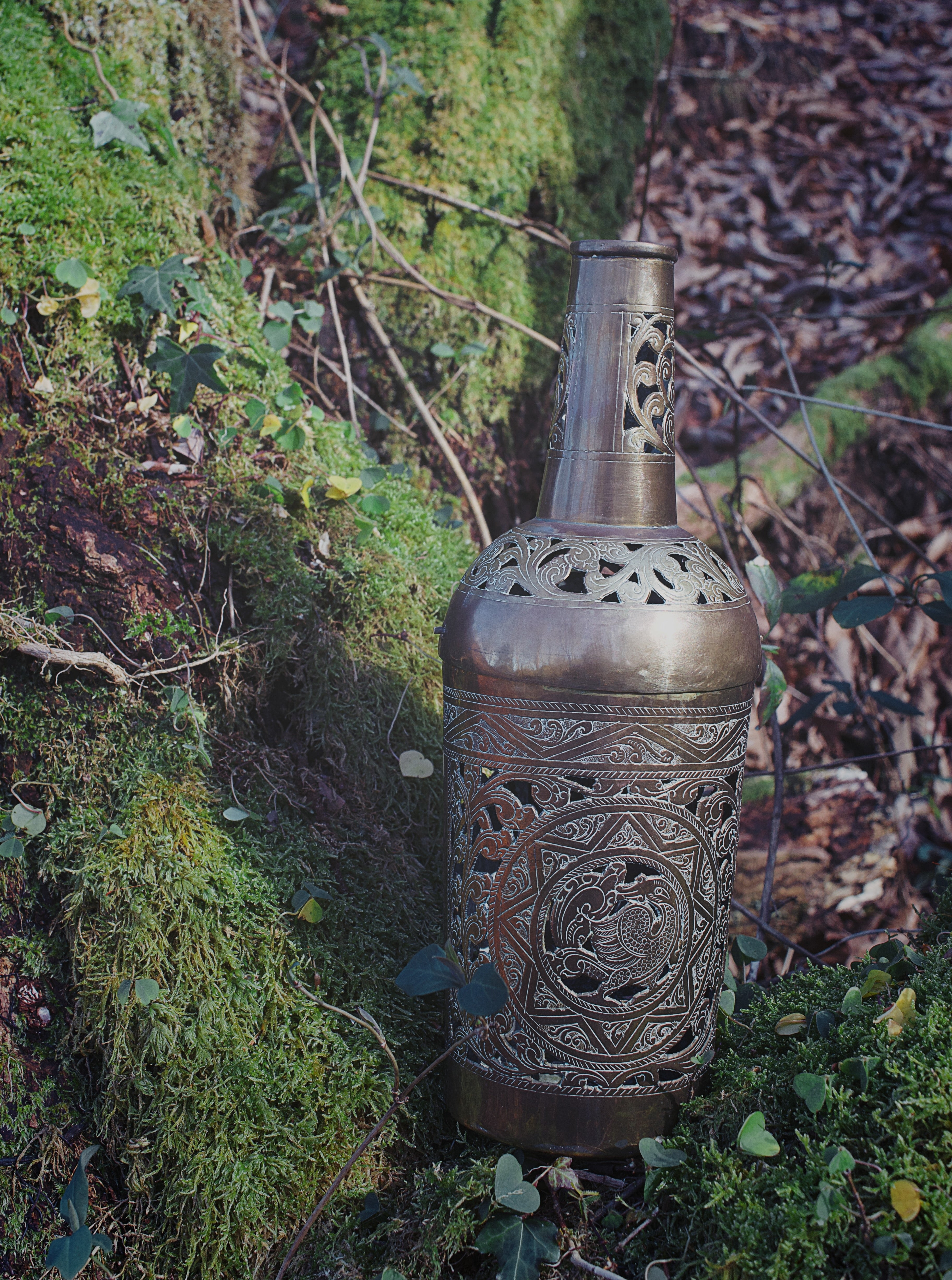 Moroccan Carved Bronze Bottle Reliquary – Twist-Open Ritual Vessel