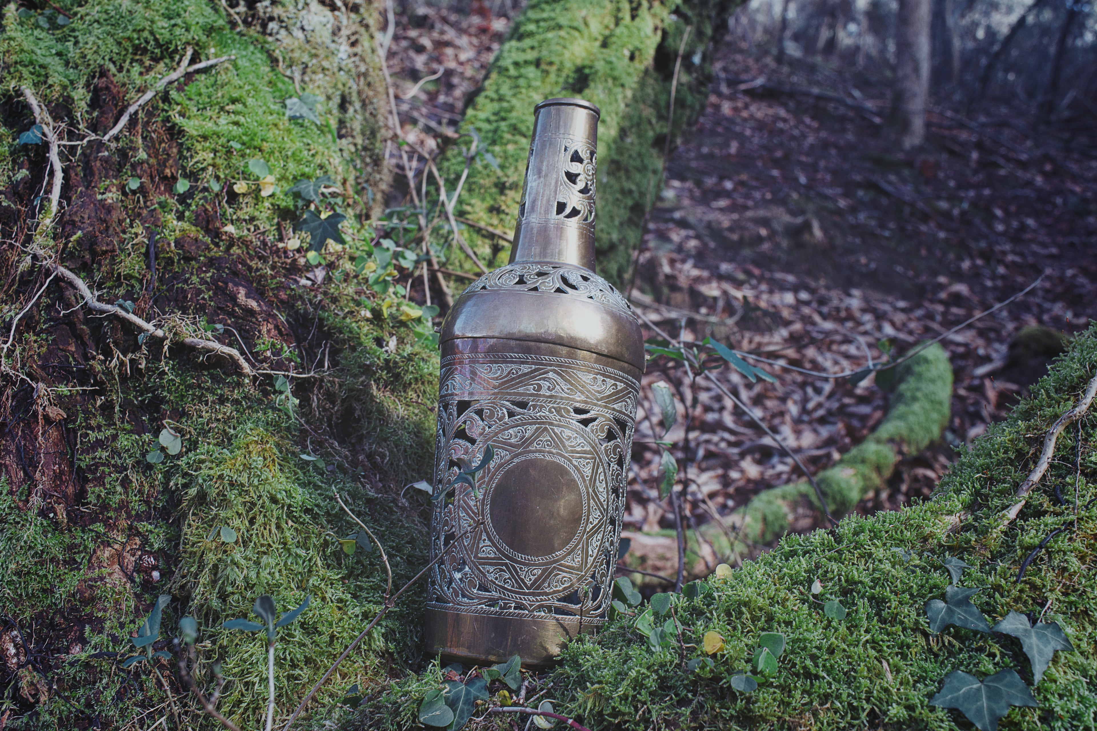 Moroccan Carved Bronze Bottle Reliquary – Twist-Open Ritual Vessel