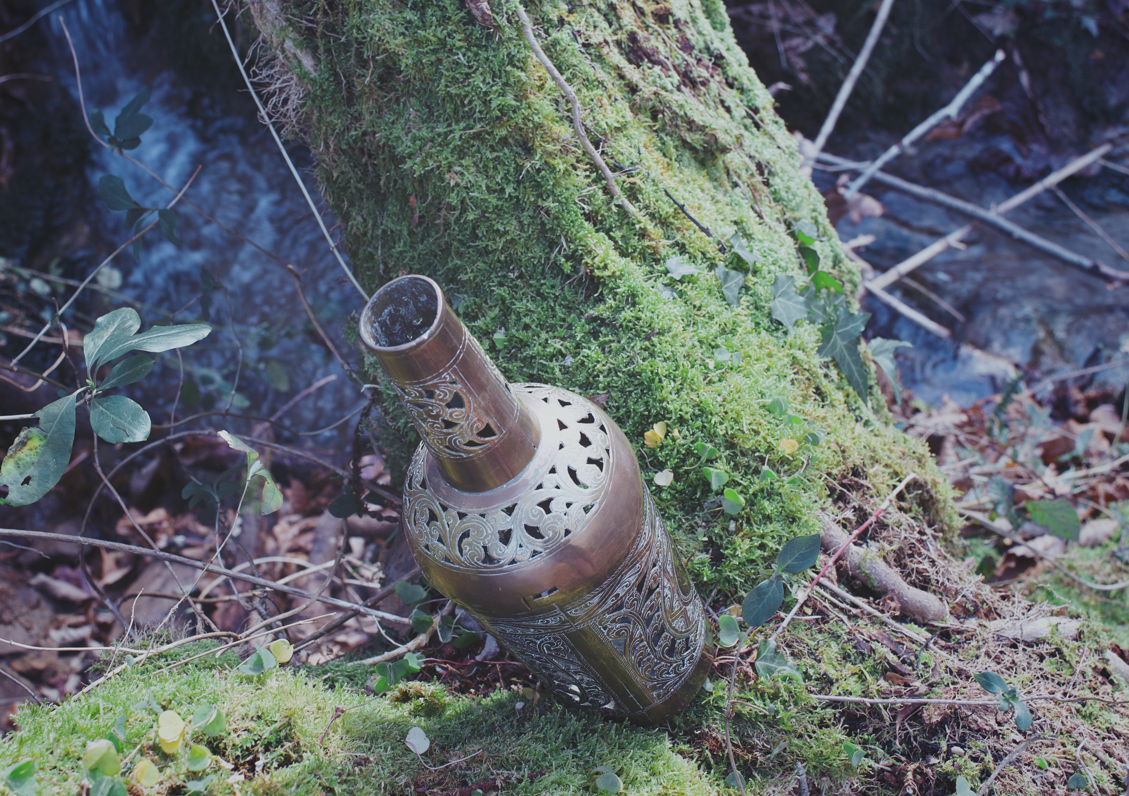 Moroccan Carved Bronze Bottle Reliquary – Twist-Open Ritual Vessel