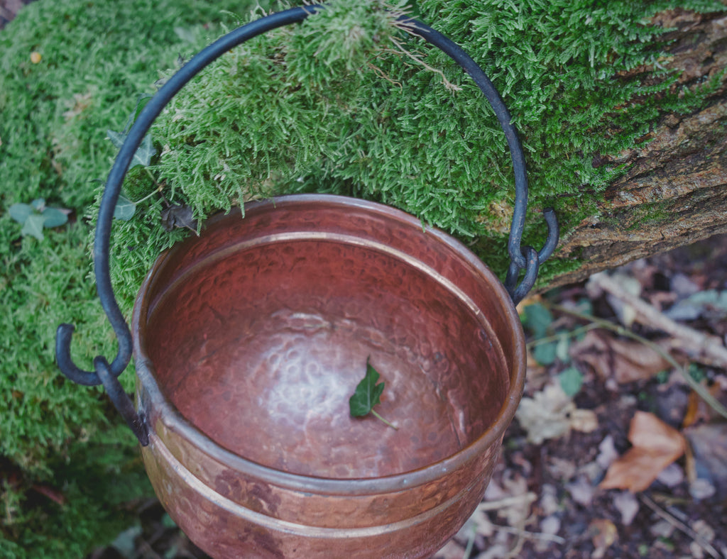 Antique-Style French Copper Hanging Cauldron — Mid-Sized, Hammered, Traditional Occult Vessel