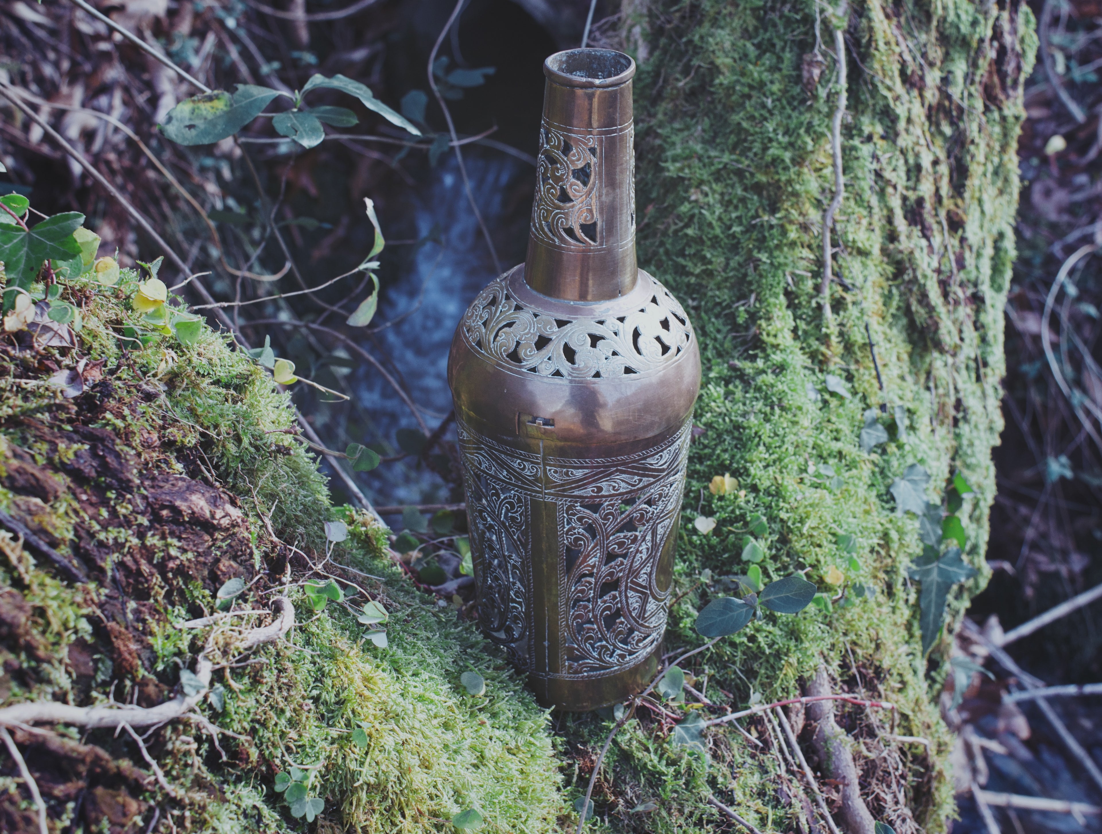 Moroccan Carved Bronze Bottle Reliquary – Twist-Open Ritual Vessel