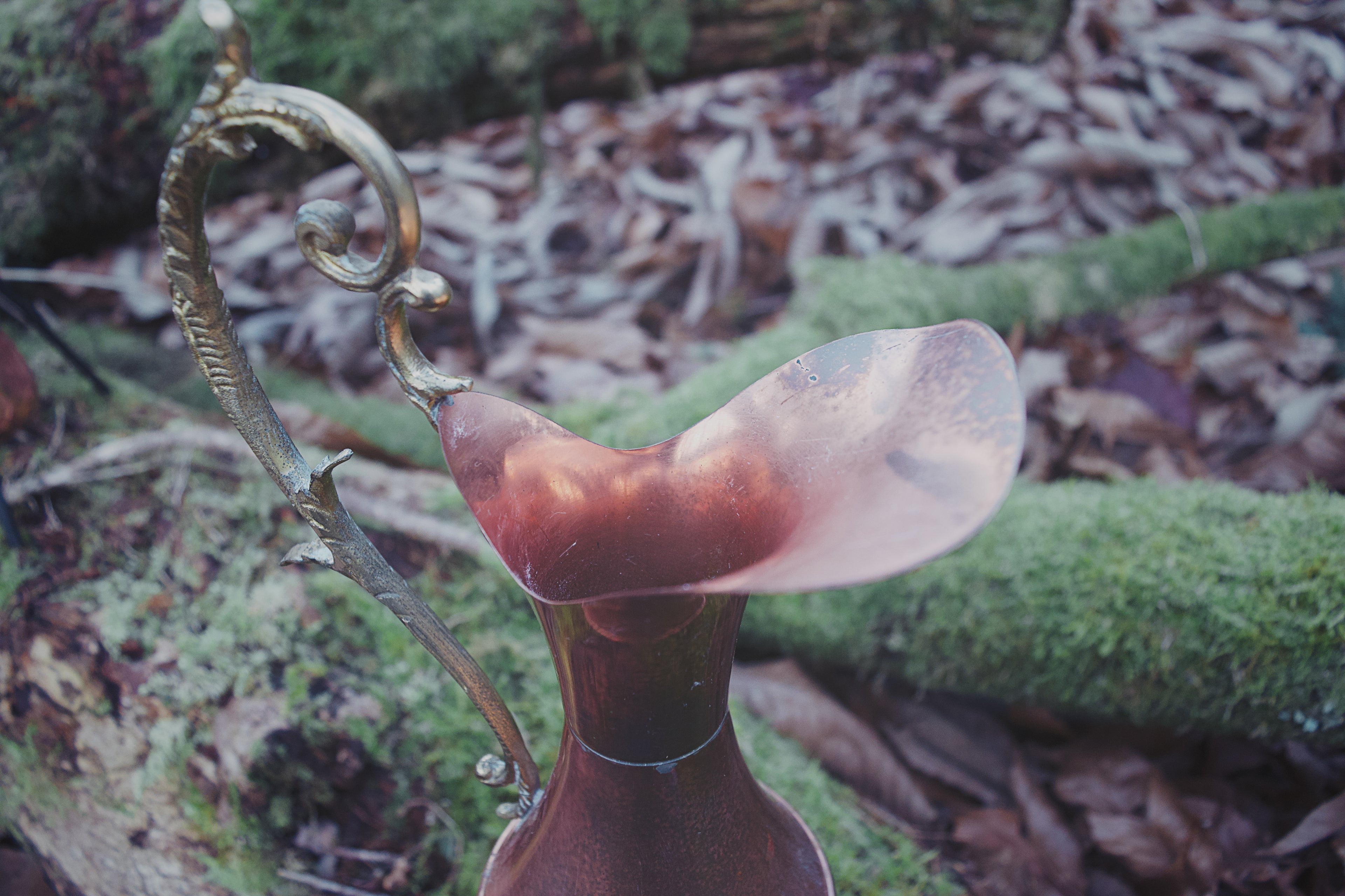 Antique Copper Ewer with Bronze Embellished Handle – Footed Ceremonial Offering Vessel