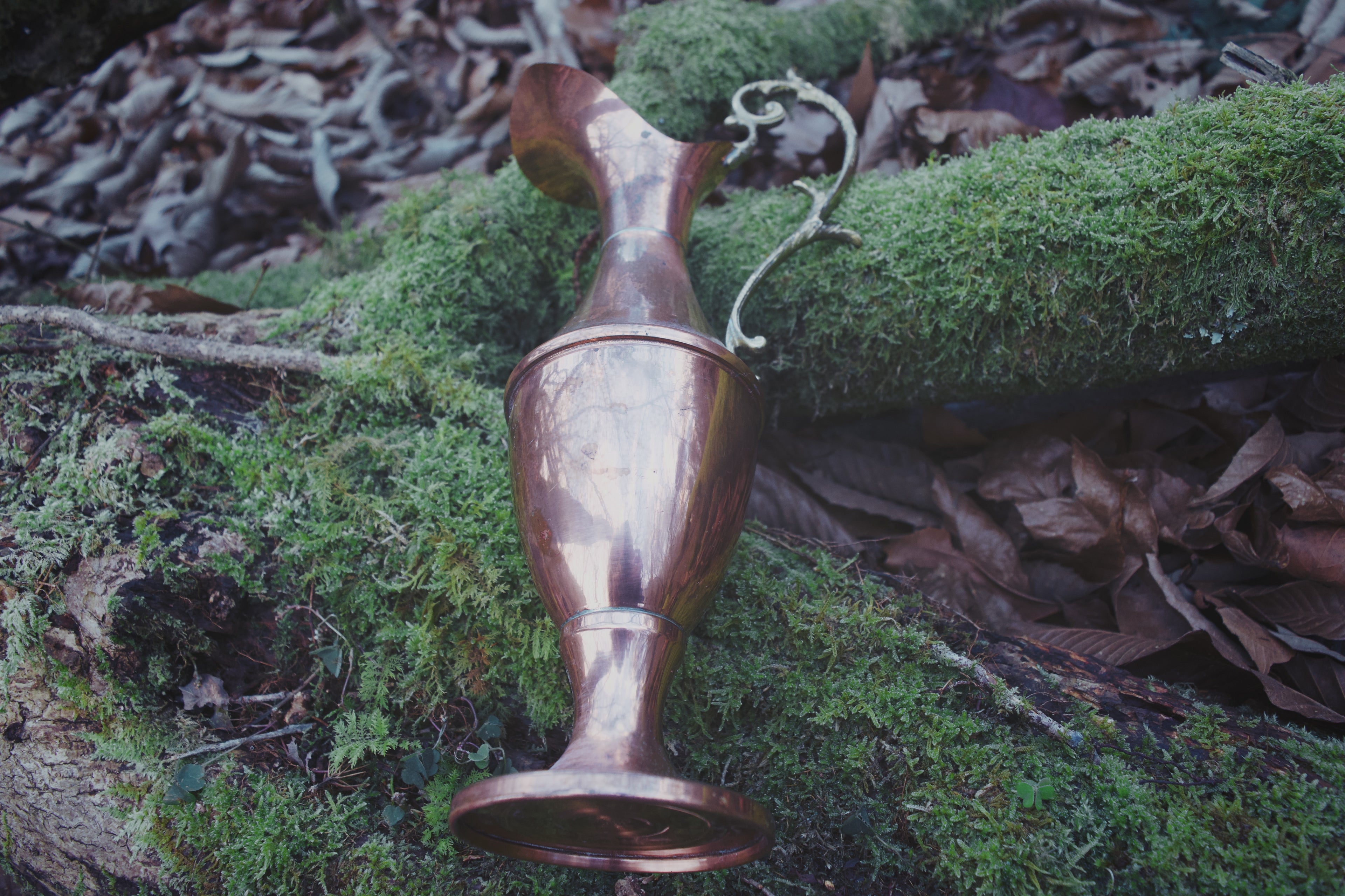 Antique Copper Ewer with Bronze Embellished Handle – Footed Ceremonial Offering Vessel