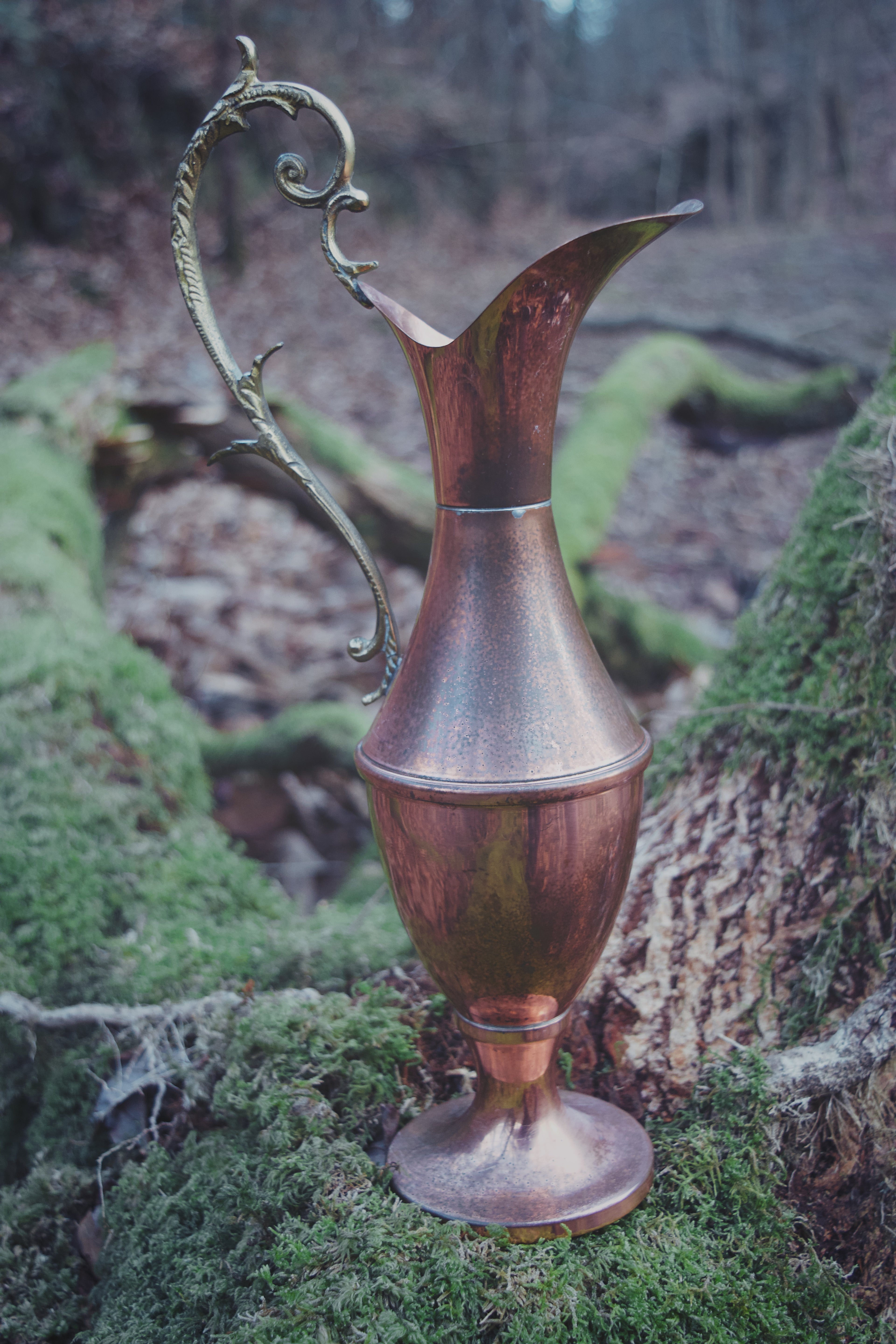 Antique Copper Ewer with Bronze Embellished Handle – Footed Ceremonial Offering Vessel
