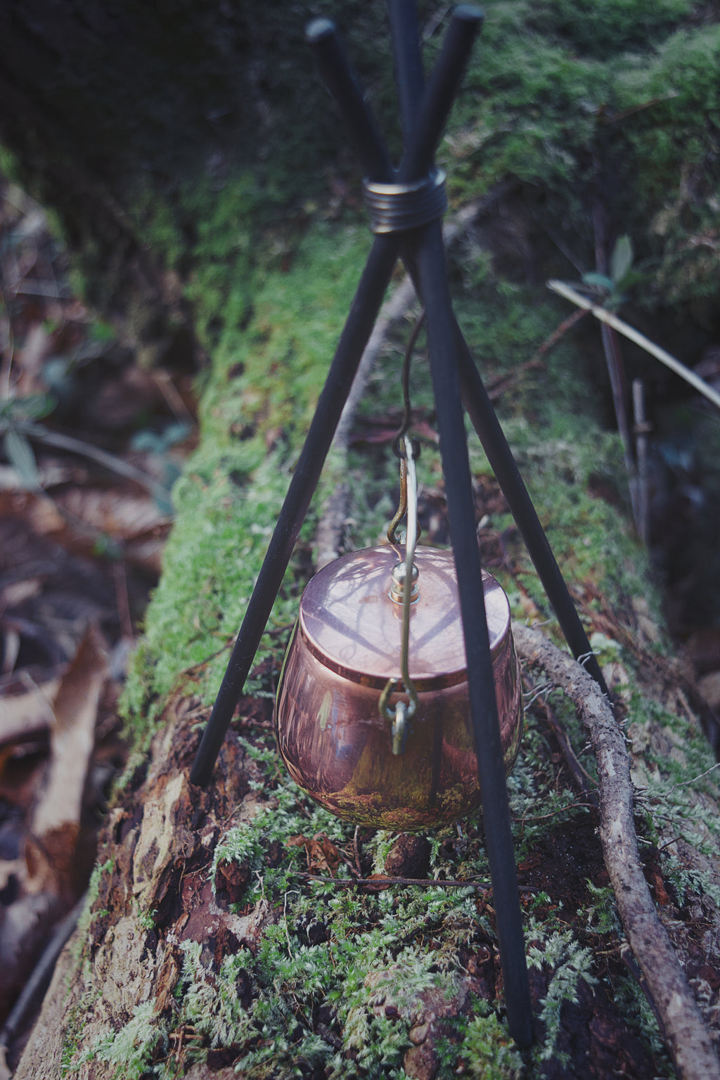 Compact Copper Hanging Cauldron with Brass Knob Lid & Black Iron Tripod — Villedieu Lineage
